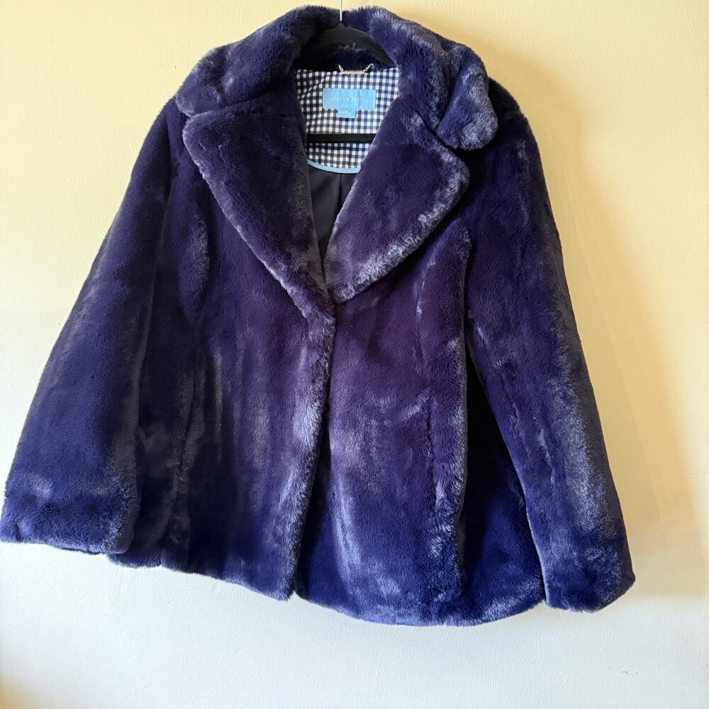 Draper James Coat Small Navy Blue Purple Plush Faux Fur Gingham Jacket Peacoat S